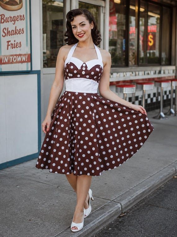 brown rockabilly dress ASHLEY Pre Made Design Polka Dot Halter Swing Dress: 1950s Pin Up Cotton Party Attire blue ice tire dressing size-38 inch waist Size:44W x 32L