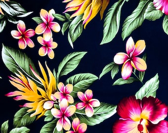 Navy Hibiscus Cotton Fabric – Tropical Hawaiian Floral Print
