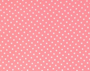 Puede incluir: Primer plano de un fondo rosa cubierto con un patrón de lunares blancos espaciados uniformemente. Los lunares son pequeños y circulares, creando un diseño lúdico y visualmente atractivo. Adecuado para diversos proyectos de manualidades.