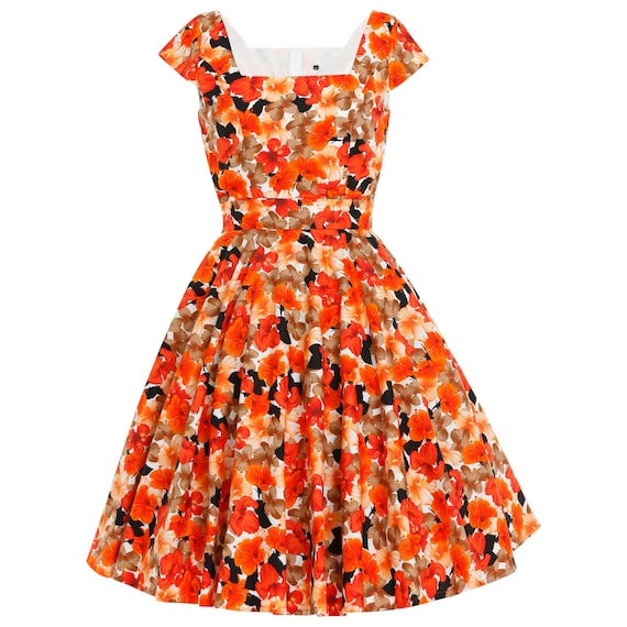 orange pin up dress Summer Dress Orange Dress Floral Dress 1950s Dress 70s Midi Dress Spring Dress Hawaiian Dress Tropical Flower Dress Pin Up Dress Sundress