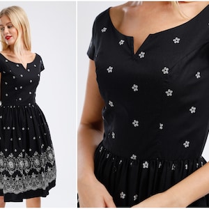 Black Dress Halloween Dress Witch Costume Gothic Dress Lolita Dress Vintage Dress Victorian Dress 1950s Border Print Black Swing Dress