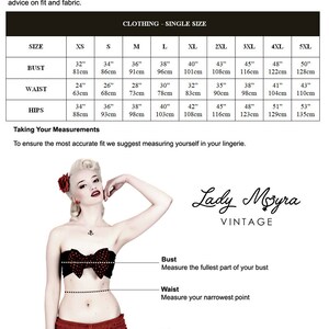 May include: A body measurements size chart for clothing ranging from XS to 5XL, displaying bust, waist, and hip measurements in inches and centimeters. The chart includes a diagram showing how to measure the bust, waist, and hips for Lady Moyra Vintage.