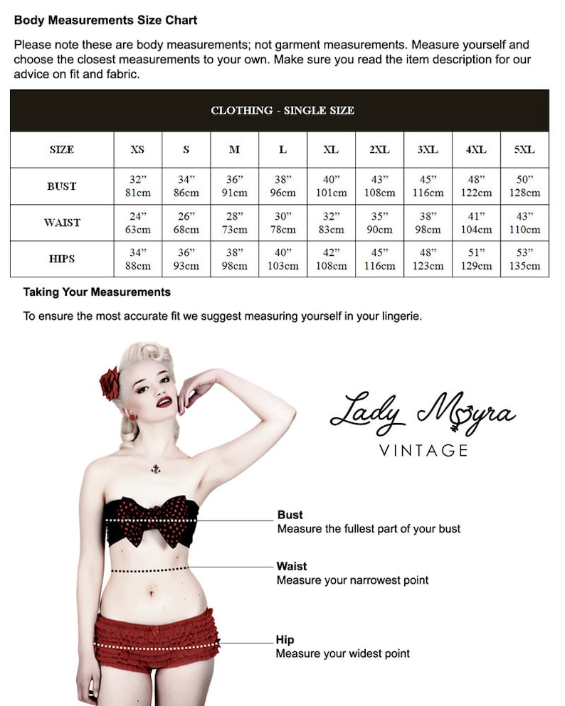 May include: A body measurements size chart for clothing ranging from XS to 5XL, displaying bust, waist, and hip measurements in inches and centimeters. The chart includes a diagram showing how to measure the bust, waist, and hips for Lady Moyra Vintage.