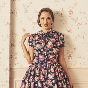 Vintage Dress 1950s Dress Blue Floral Dress Rose Flower Dress Women Summer Dress Cotton Dress 40s Retro Dress Rockabilly Dress Pin up Dress