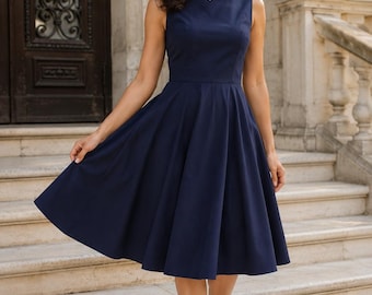 Navy Cotton 1950s Circle Skirt Dress – Lady Mayra Handmade Retro Formal