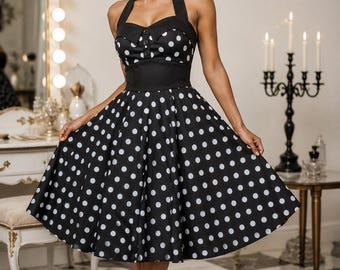 ASHLEY Neckholder-Kleid mit Polka-Dots – Partykleid aus Baumwolle im Rockabilly-Stil der 50er Jahre