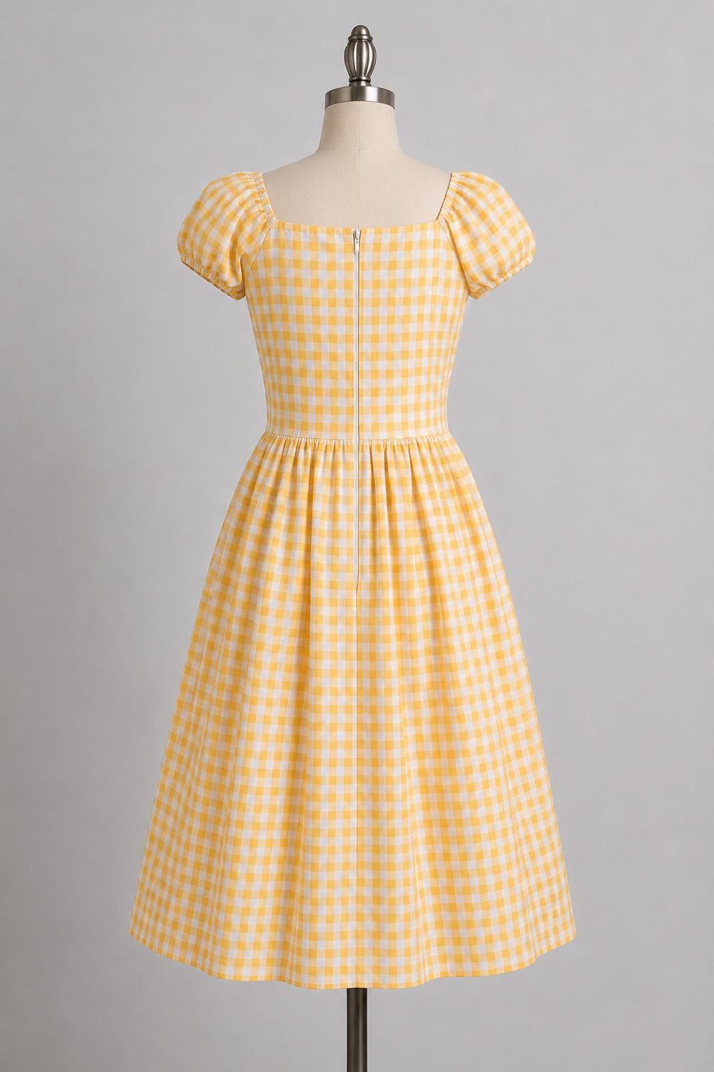 Midi Dress Yellow Gingham Dress Checker Dress Plaid Dress Vintage