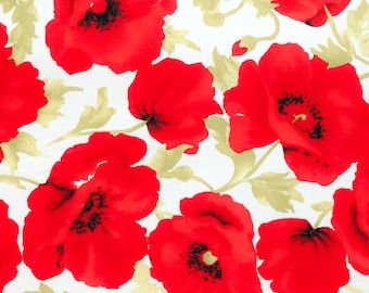 Cotton Fabric White Red Poppy Floral - By the Yard #CT018