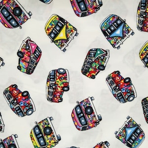 Tela para coche VW Bus, 100 % algodón, para pedidos personalizados o cortados a medida, con estampado floral retro de los años 70, lunares, guinga, para mascarilla.