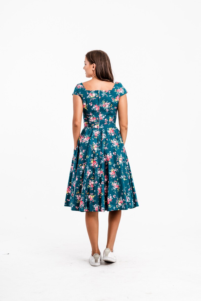 Teal Floral Dress Vintage Dress Rose Flower Retro Dress Etsy