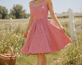 Rotes Vichy-Karo-Kleid mit Neckholder und Tellerrock – Retro-Swing-Stil der 50er Jahre
