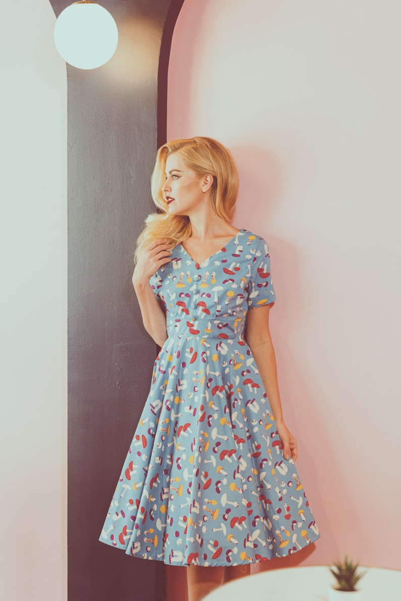 Mushroom Dress Retro Dress Blue Mushrooms Print Pin Up Dress Etsy