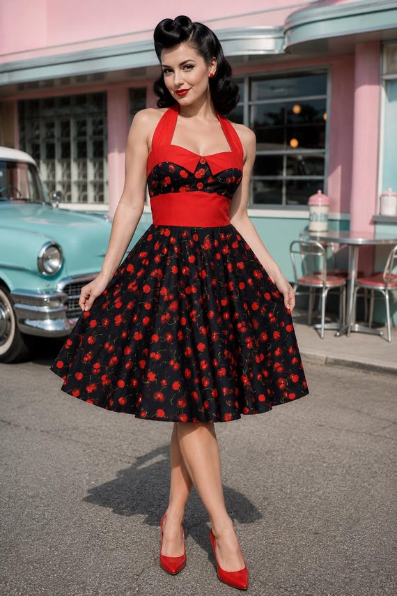 cherry halter dress ASHLEY Print Swing Dress: 1950s Retro Rockabilly Cotton Style Group: Knitwear
