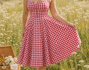 Red Gingham Halter Neck Circle Skirt Dress – 50s Retro Pin Up Style