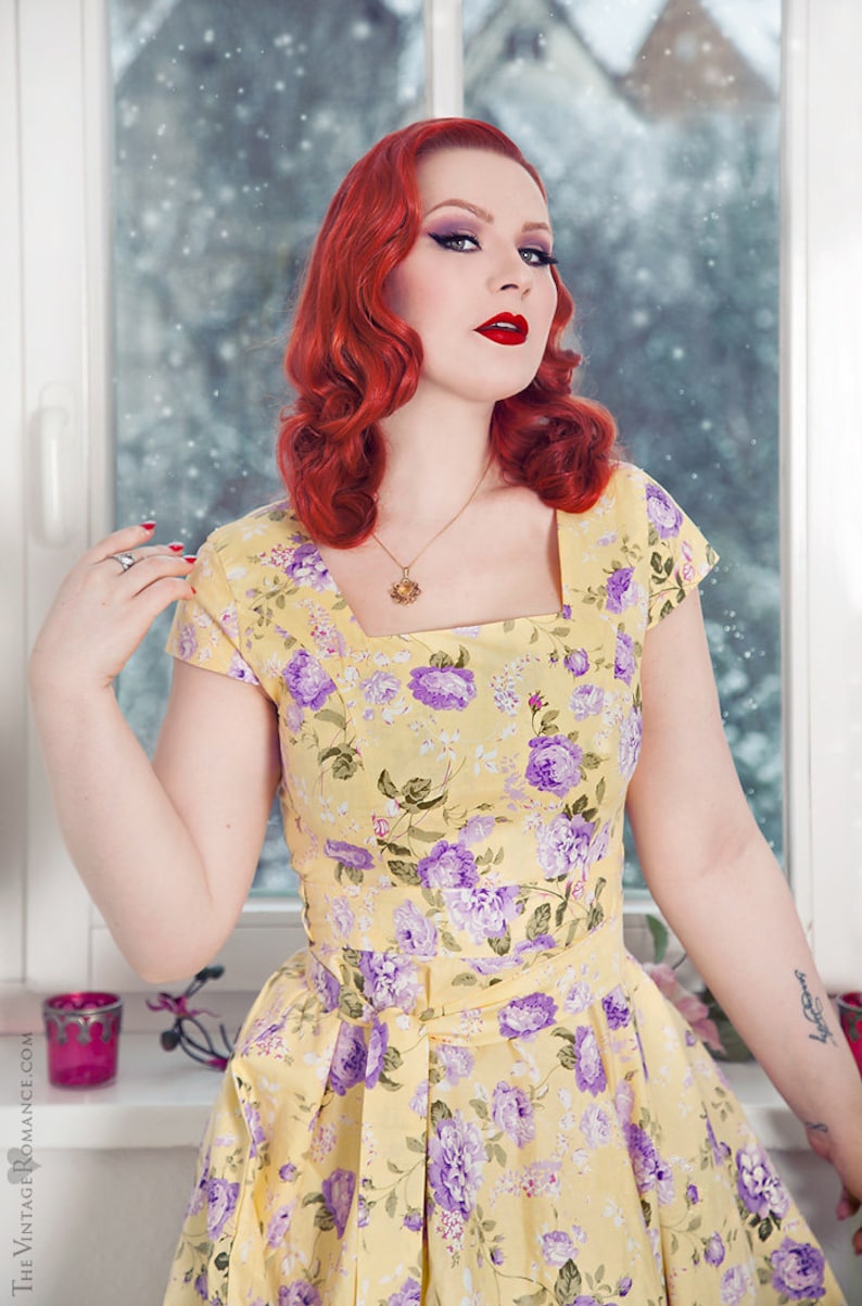Casual Dress Yellow Floral Dress Summer Dress Bridesmaid Dress 1950s Dress Rockabilly Clothing Pin Up Swing Dress Prom Dress Tea Party Dress image 2