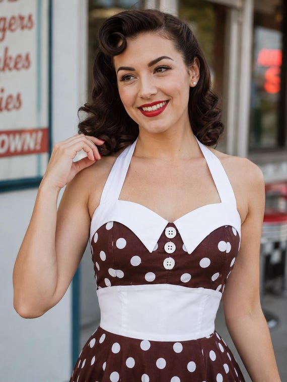 brown and white polka dot halter dress ASHLEY Pre Made Design Swing Dress: 1950s Pin up Rockabilly Cotton Party Attire zara brown polka dot dress