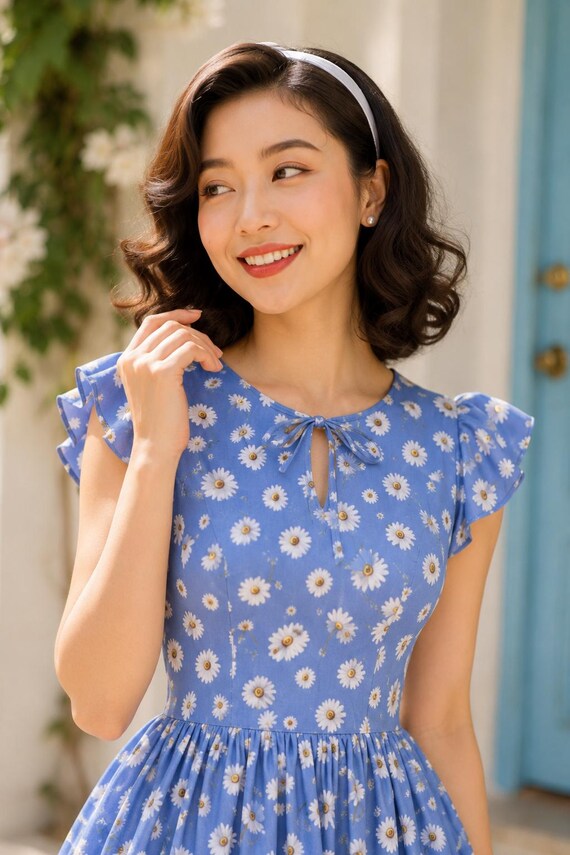 blue daisy dress Floral Women Midi Dress: 70s Style Cotton Swing Party Designed with a flattering