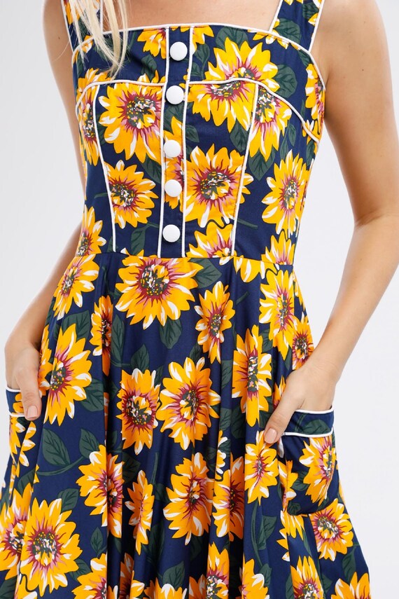 Dressever Women's Vintage Cocktail Dress – 1950s Sleeveless Sunflower Print, Knee-Length Party Dress