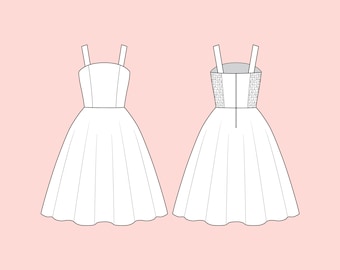 Vestido a medida, elige la tela, la talla, el estilo y el largo de la falda.