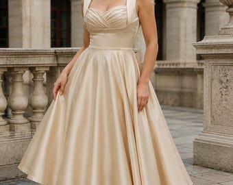 Vestido swing dorado vintage: estilo retro de los años 50 para cócteles, graduaciones y fiestas de Año Nuevo.