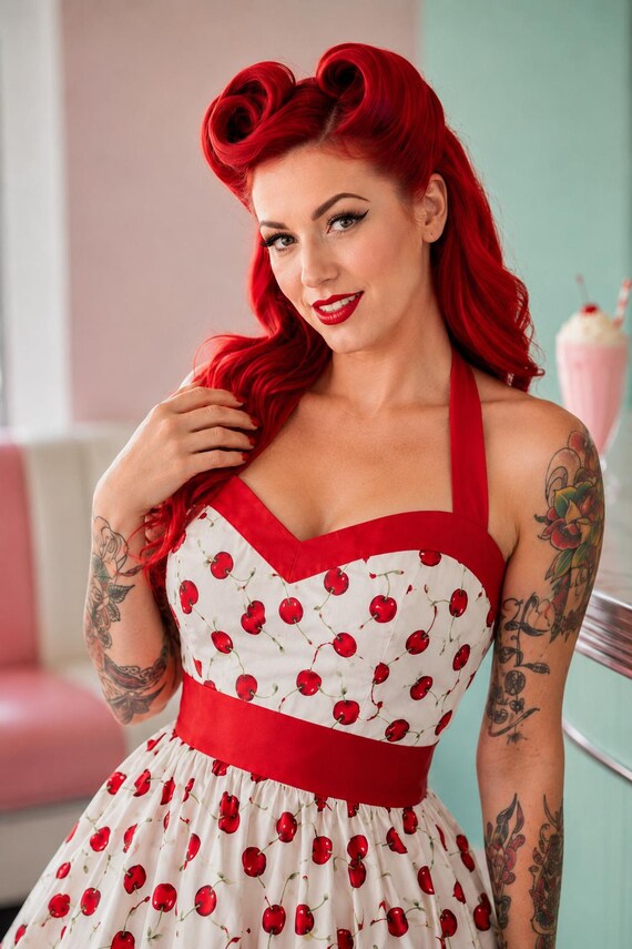 Handmade Cherry Print Halter Dress: 50s Rockabilly Style