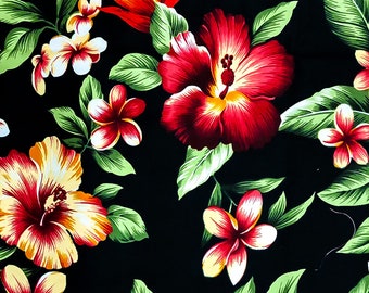 Black Cotton Fabric – Red Hibiscus Floral Hawaiian Print, By The Yard