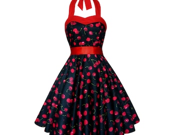 Black Cherry Dress Red Cherries Print Fruit Rockabilly Clothing Pinup Dress 50s Vintage Dress Retro Dress Swing Party Dress Summer Dress