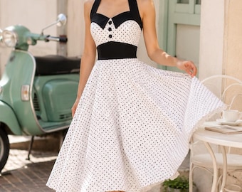 ASHLEY Polka Dot Dress Black White Dot Summer Dress Vintage Dress Rockabilly Dress Pin up Dress 50s Retro Dress Gothic Clothing Swing Party