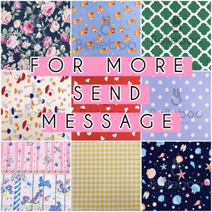 May include: A collage of fabric swatches with various patterns. Designs include floral, foxes, mushrooms, hearts, polka dots, carousel horses, gingham, and seashells. The text "FOR MORE SEND MESSAGE" is displayed across the center.