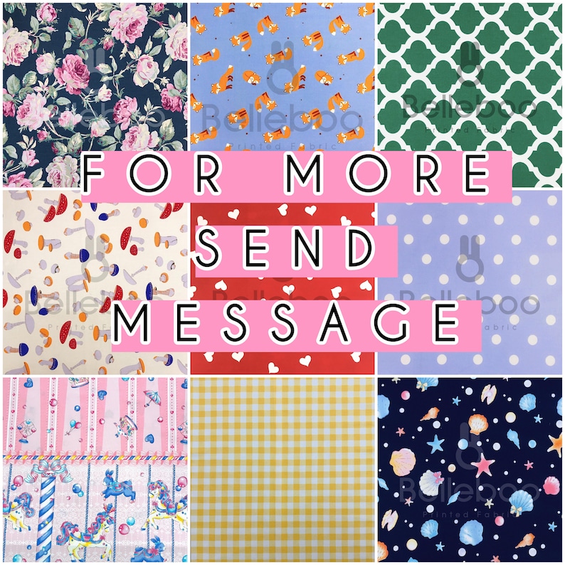 May include: A collage of fabric swatches with various patterns. Designs include floral, foxes, mushrooms, hearts, polka dots, carousel horses, gingham, and seashells. The text "FOR MORE SEND MESSAGE" is displayed across the center.