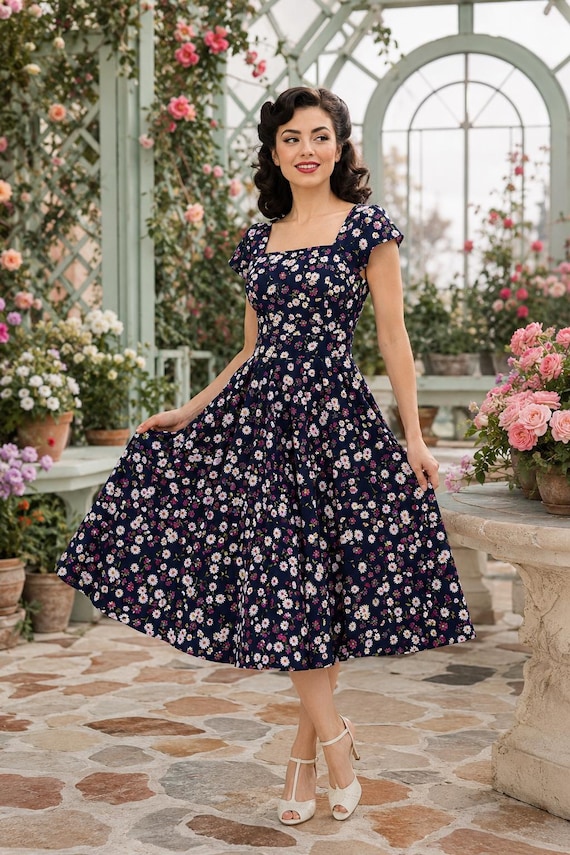 daisy formal dress Navy Floral Dress: 50s Style Square Neck Summer Sundress Gorgeous A