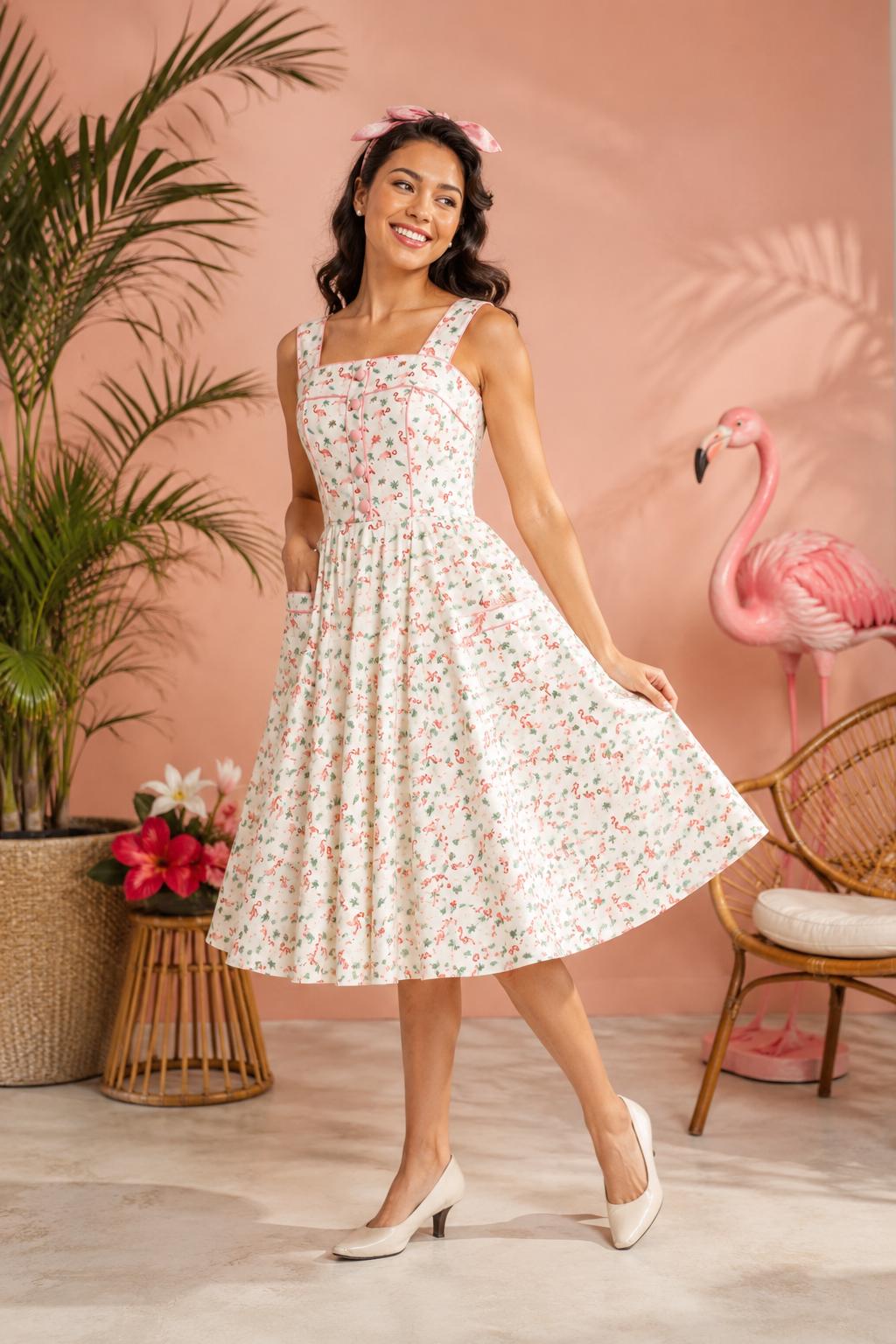 lady vintage flamingo dress Pinup color-dark-purple
