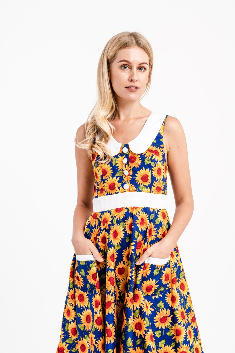 Blue Sunflower Dress Summer Dress Vintage Flower Dress Etsy