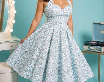 Vestido de fiesta estilo años 50 con cuello halter y falda circular y estampado de leopardo