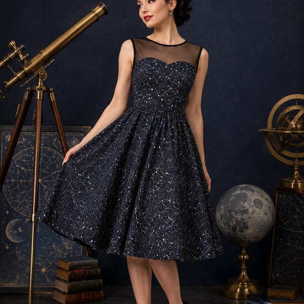 Constellation Cotton Party Dress - Zodiac Galaxy Print, Retro Style
