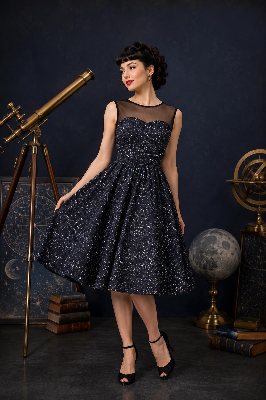 space prom dress Starry Beaded Space Navy Sheer Tulle Prom Dress