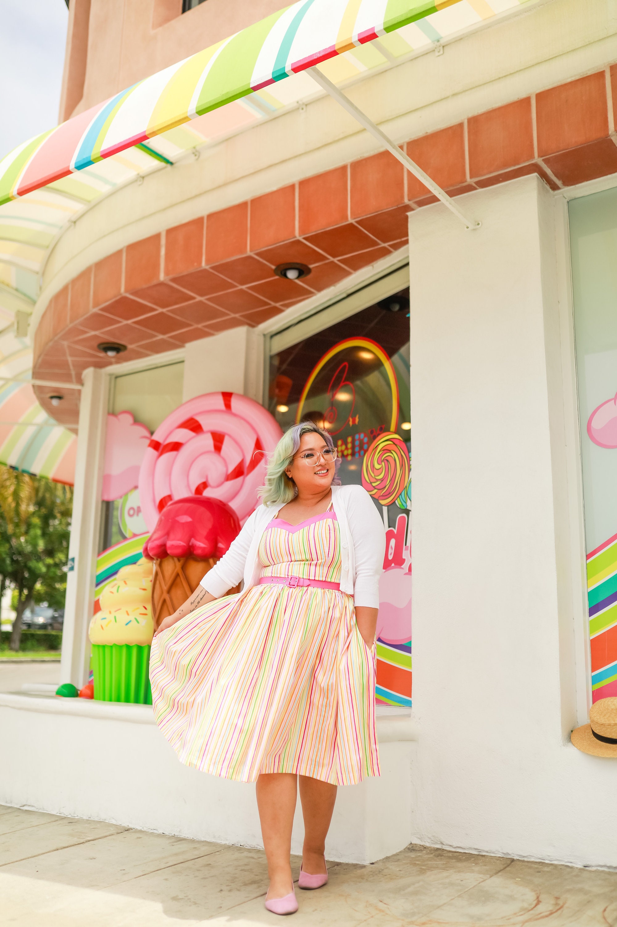 Candy Stripe Dress: a plus size pastel rainbow outfit featuring a Gal Meets  Glam collection dress and the Tory Burch Kira Chevron Bucket Bag in pink.