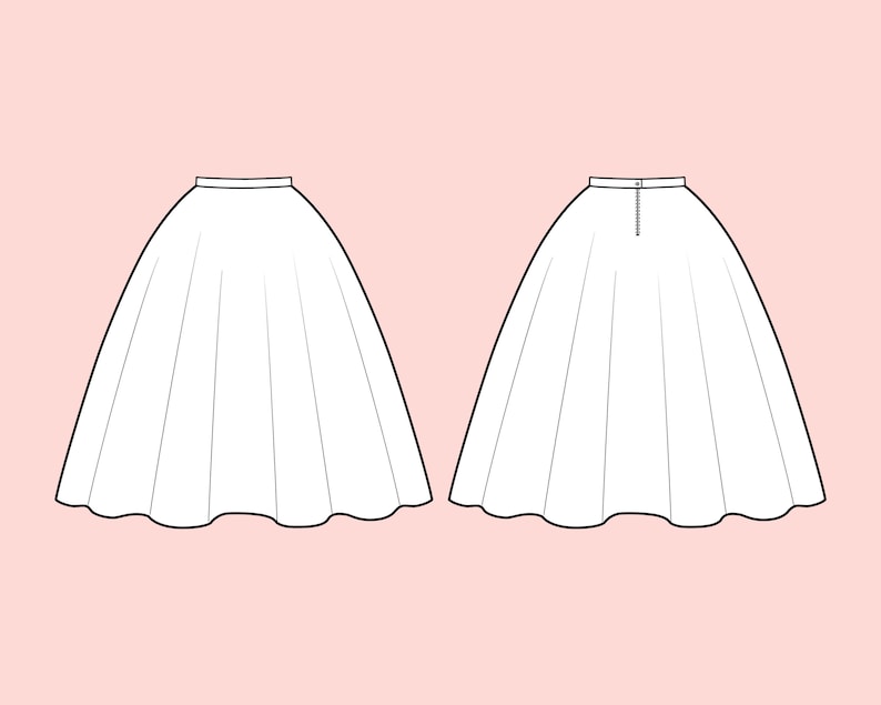 Puede incluir: Dibujo lineal de una falda blanca con una silueta amplia y acampanada. La falda tiene una cintura ajustada y una forma completa y fluida. Una vista muestra el frente, y la otra la parte trasera con cierre de cremallera. El fondo es rosa claro.