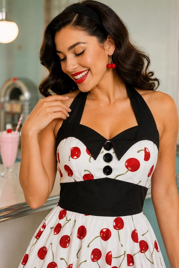 cherry print halter dress ASHLEY Cotton Swing – 1950s Rockabilly Neck Party Dress WEDDING GUEST