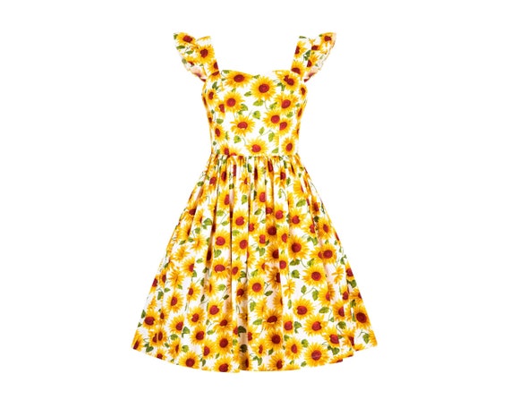 PLUS SIZE DRESS Sunflower Dress Sundress White Floral Dress Summer Dress  Vintage Dress PinUp Dress 50s Swing Dress Party Dress Holiday Dress