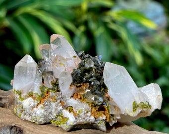 Quartz Crystal with Epidote 124 gm, China, Mineral Specimens, Healing Crystals, Reiki, Meditation, Altar Stones