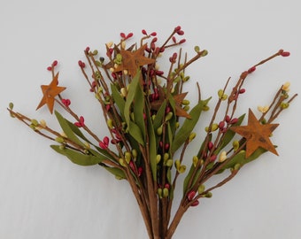 Floral Picks In Burnt Red, Olive Green And Buttercream Rice Berries With Rusty Metal Stars For Wreath Making And Floral Arrangements