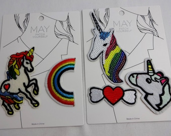 Unicorn patches, rainbow, heart with wings, set of 5, iron on or sew on to decorate jeans, jacket, or backpack