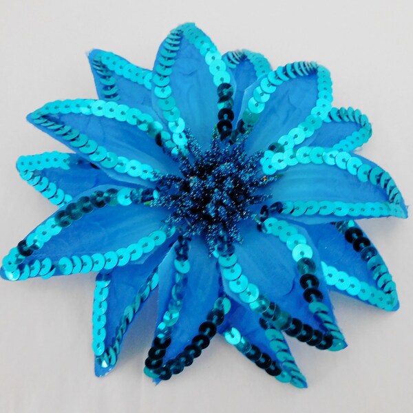 Blue Sequin Flower, Hat Or Headpiece Adornment With Attached Clip.  Craft Supply For Dressy Headpiece.