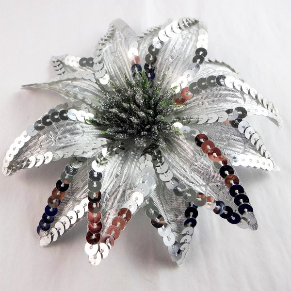 Silver Sequin Flower, Hat Or Headpiece Adornment With Attached Clip.  Craft Supply For Wedding, Anniversary Decoration.