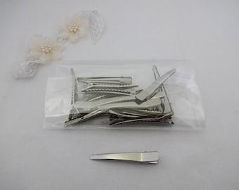 Hair clips supply lot 15 pieces, 6 cm silver-tone alligator clips, tapered rounded end. DIY bow hair accessory.