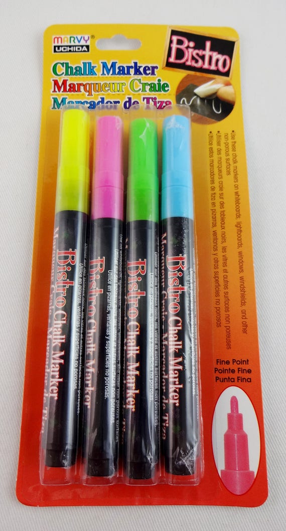 Chalk Markers, Set of Four, Yellow, Pink, Green and Blue With Fine