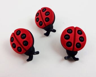 Ladybug buttons, set of three, with shanks for your sewing, scrapbook and card making projects