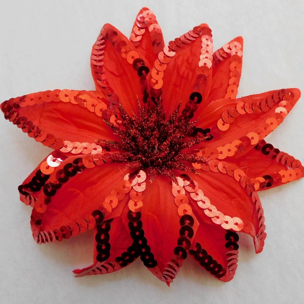 Red Sequin Flower,  Hat Or Headpiece Adornment With Attached Clip.  Wedding, Party, Or Dancer Headpiece.