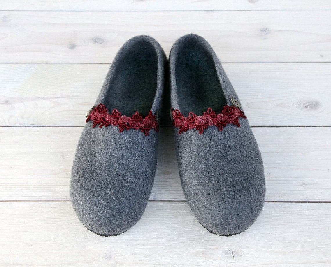 Women House Shoes Felted Wool Slippers Grey and Red Etsy UK